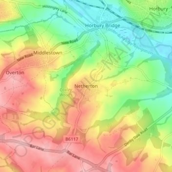 Carte topographique Netherton, altitude, relief