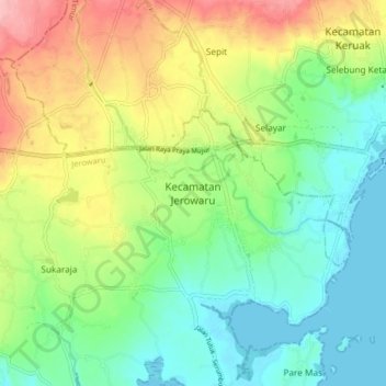 Carte topographique Kecamatan Jerowaru, altitude, relief