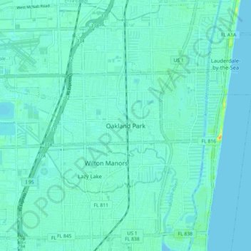 Carte topographique Oakland Park, altitude, relief
