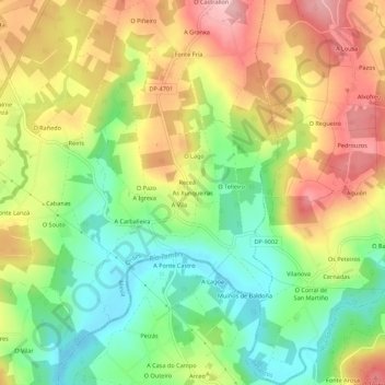 Carte topographique As Xunqueiras, altitude, relief