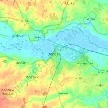 Carte topographique Beccles, altitude, relief