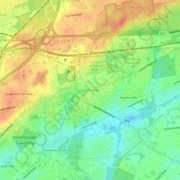 Carte topographique Oxford Valley, altitude, relief