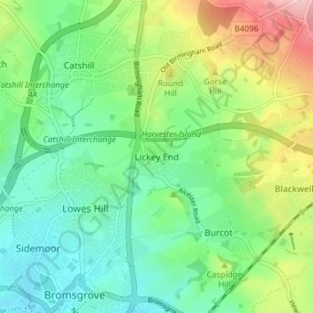 Carte topographique Lickey End, altitude, relief