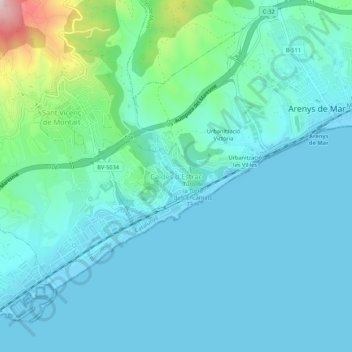 Carte topographique Caldes d'Estrac, altitude, relief