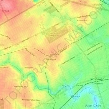 Carte topographique Drexel Hill, altitude, relief