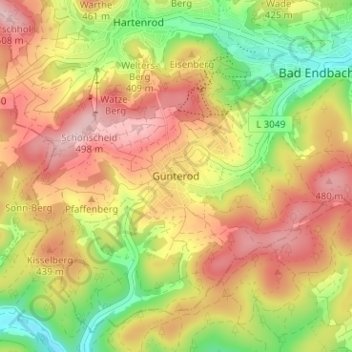Carte topographique Günterod, altitude, relief