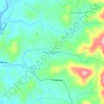 Carte topographique Angadikadavu, altitude, relief