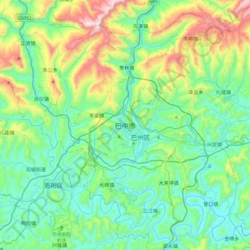 Carte topographique Bazhong, altitude, relief