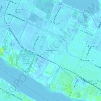 Carte topographique Chalmette Vista, altitude, relief