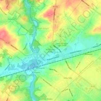 Carte topographique Huntingdon Valley, altitude, relief