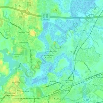 Carte topographique Willowbrook, altitude, relief