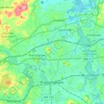 Carte topographique Framingham, altitude, relief