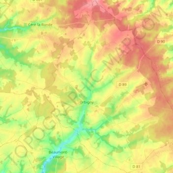 Carte topographique Orbigny, altitude, relief