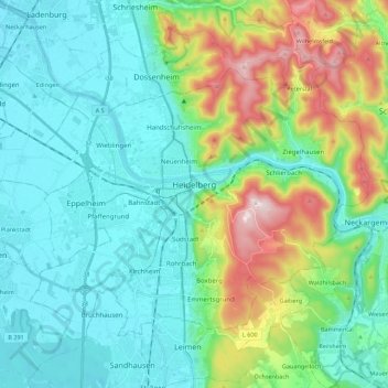 Carte topographique Heidelberg, altitude, relief