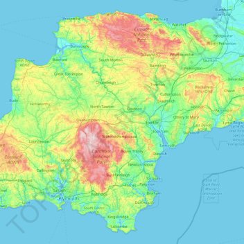 Carte topographique Devon, altitude, relief