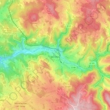 Carte topographique Dunières, altitude, relief