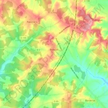 Carte topographique Brossac, altitude, relief