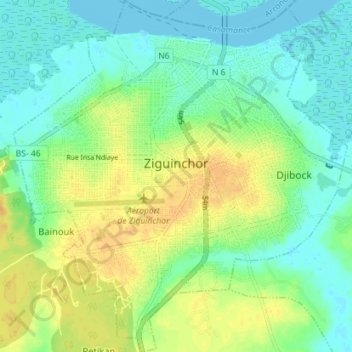 Carte topographique Ziguinchor, altitude, relief