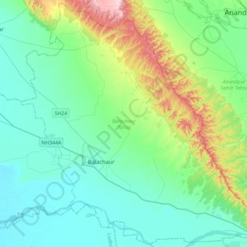 Carte topographique Balachaur Tahsil, altitude, relief
