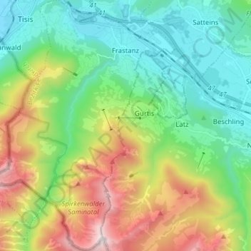 Carte topographique Frastanz, altitude, relief