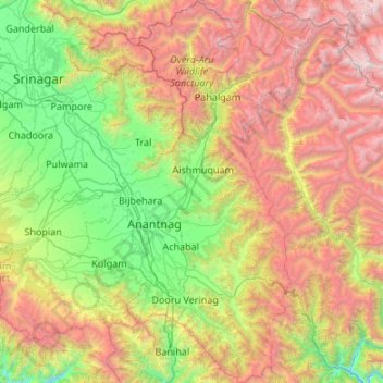 Carte topographique Anantnag district, altitude, relief