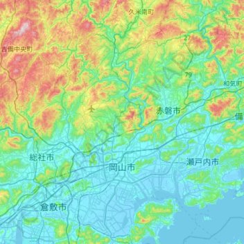 Carte topographique Okayama, altitude, relief