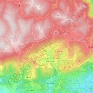 Carte topographique Lusiana Conco, altitude, relief