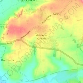 Carte topographique Middleton Cheney, altitude, relief