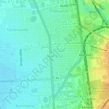 Carte topographique Mile End, altitude, relief