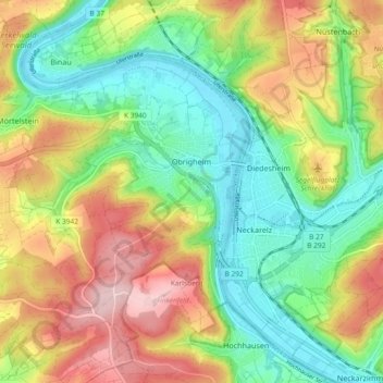 Carte topographique Obrigheim, altitude, relief
