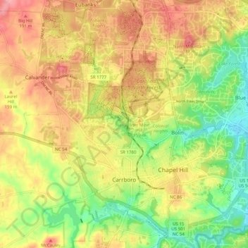 Carte topographique Carrboro, altitude, relief