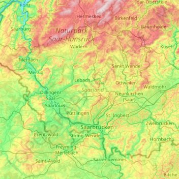 Carte topographique Saarland, altitude, relief