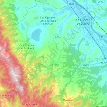 Carte topographique Cavriglia, altitude, relief