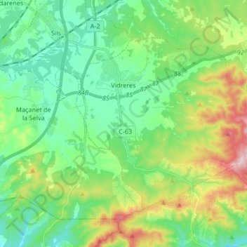 Carte topographique Vidreres, altitude, relief