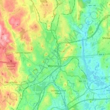 Carte topographique Worcester, altitude, relief