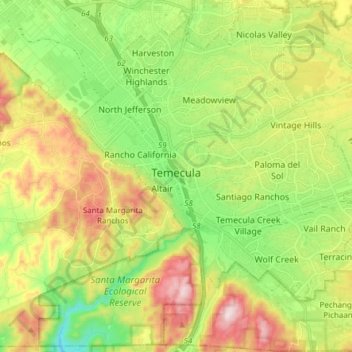 Carte topographique Temecula, altitude, relief