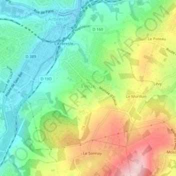 Carte topographique Éveux, altitude, relief