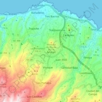 Carte topographique Arucas, altitude, relief