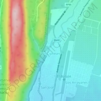 Carte topographique Los Cipreses, altitude, relief