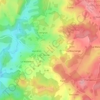 Carte topographique Veyrières, altitude, relief