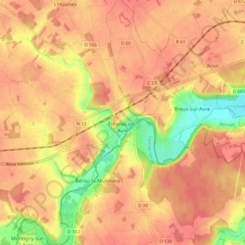 Carte topographique Tillières-sur-Avre, altitude, relief