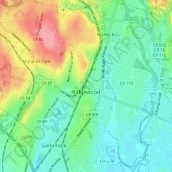 Carte topographique Ridgewood, altitude, relief