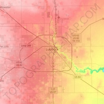 Carte topographique Lubbock, altitude, relief