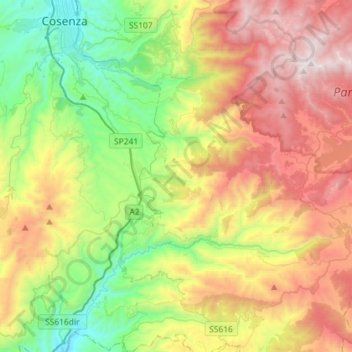 Carte topographique Aprigliano, altitude, relief
