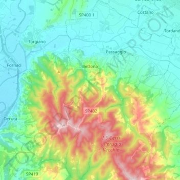Carte topographique Bettona, altitude, relief