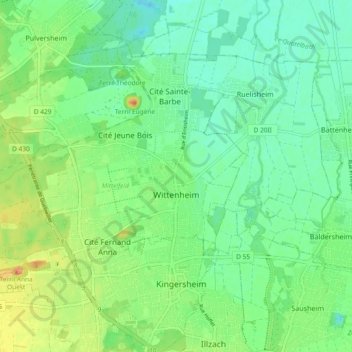 Carte topographique Wittenheim, altitude, relief
