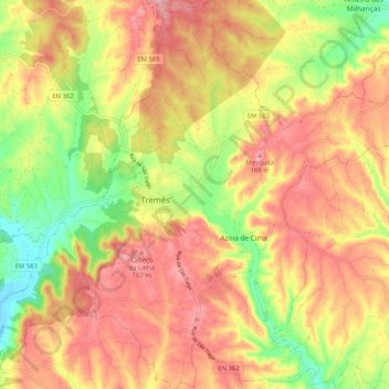 Carte topographique Azoia de Cima e Tremês, altitude, relief