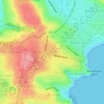 Carte topographique Bondi, altitude, relief