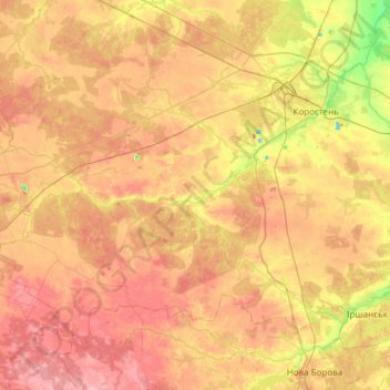 Carte topographique Ushomyr Rural Hromada, altitude, relief