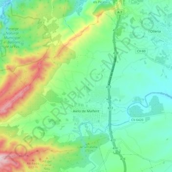 Carte topographique Aielo de Malferit, altitude, relief